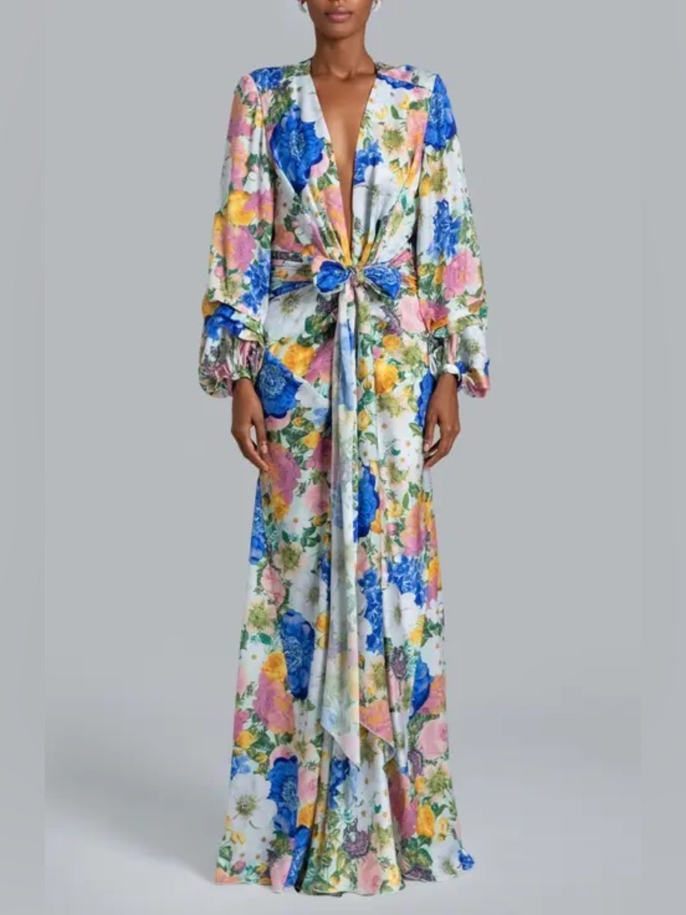 GHRAIL NYC Millie Plunge Crepe Gown Floral Tie Front Dress NEW